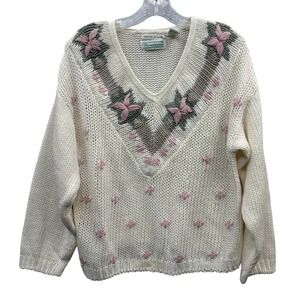 Vintage‎ Shenanigans Women's Hand Knitted Floral Embroidered V Neck Sweater M